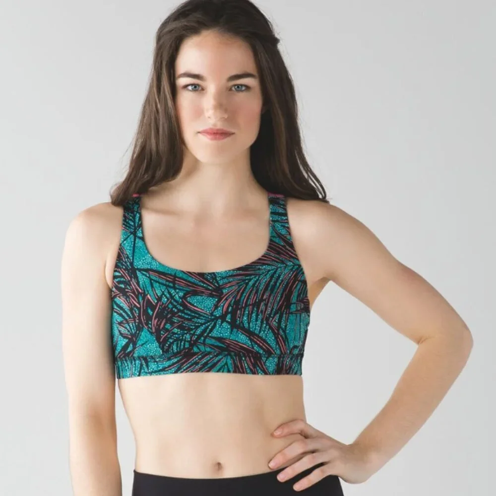 Lululemon Energy Bra Mini Palm Lace Tofino Teal Multi / Flash Light Size 4 *FLAW